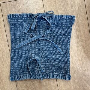 Smocked Denim Strapless Top with Ties